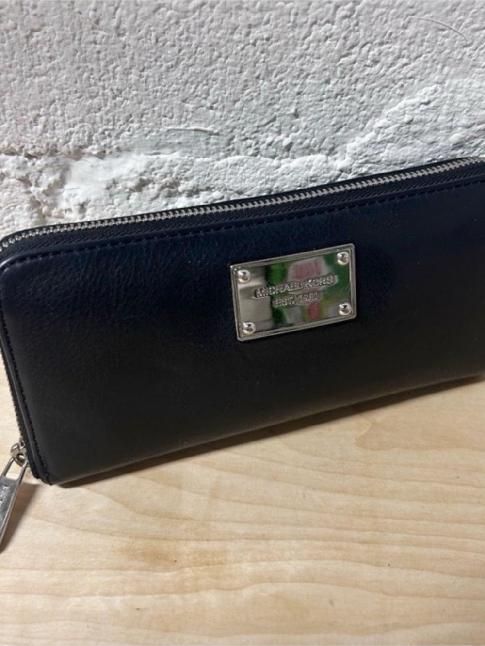 Michael Kors Black Pebbled Leather Zip Around Wallet with Silver Hardware